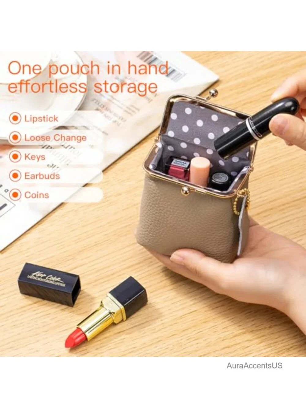 Genuine Leather Kiss-Lock Coin Purse Jewelry Organizer Travel Case